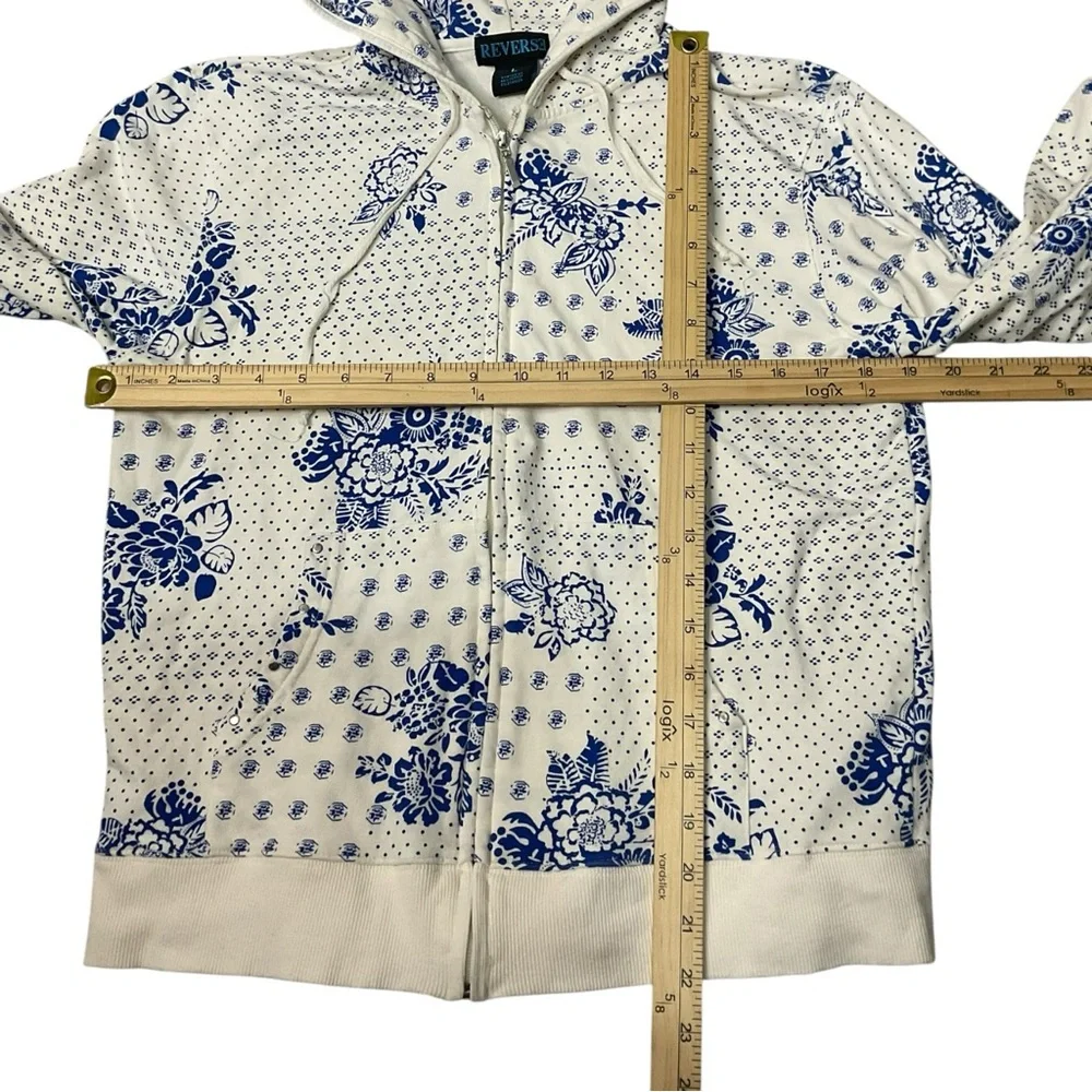 Reverse Blue White Floral Zip Hoodie Jacket Cottagecore Size L - Picture 4 of 6